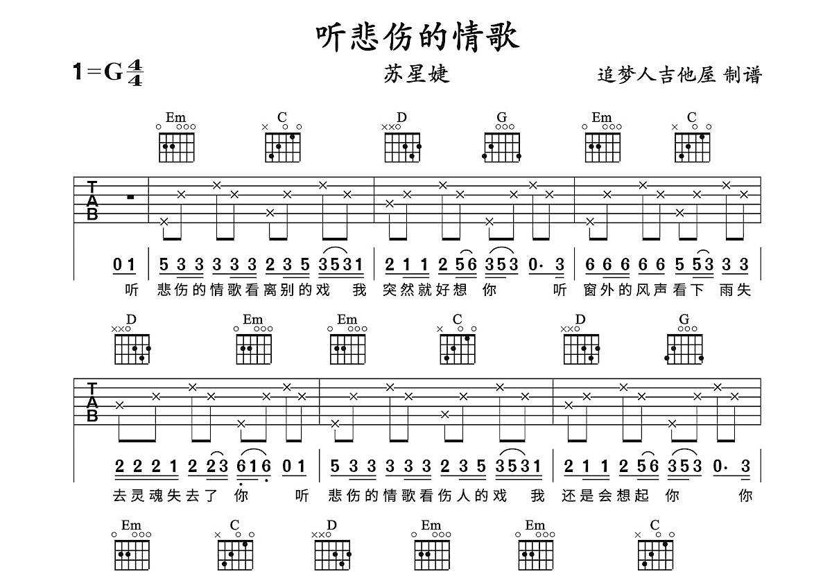 听悲伤的情歌吉他谱预览图