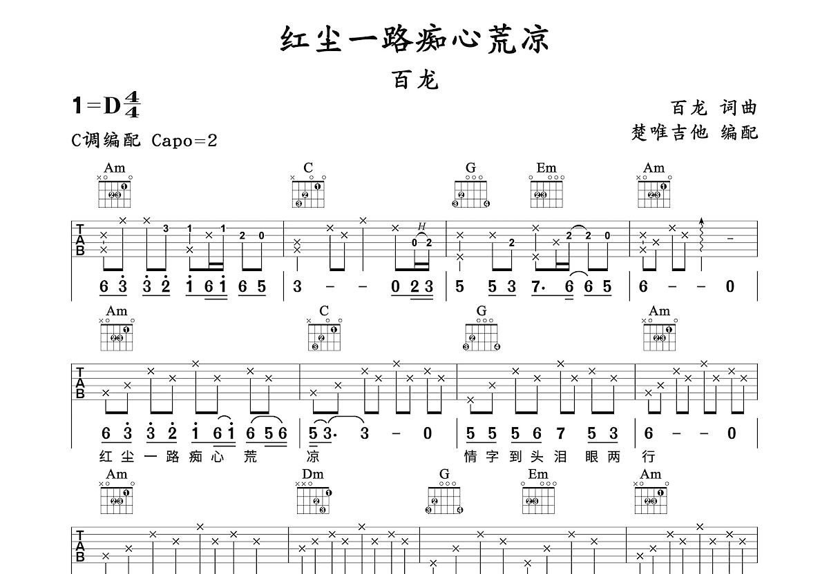 红尘一路痴心荒凉吉他谱预览图