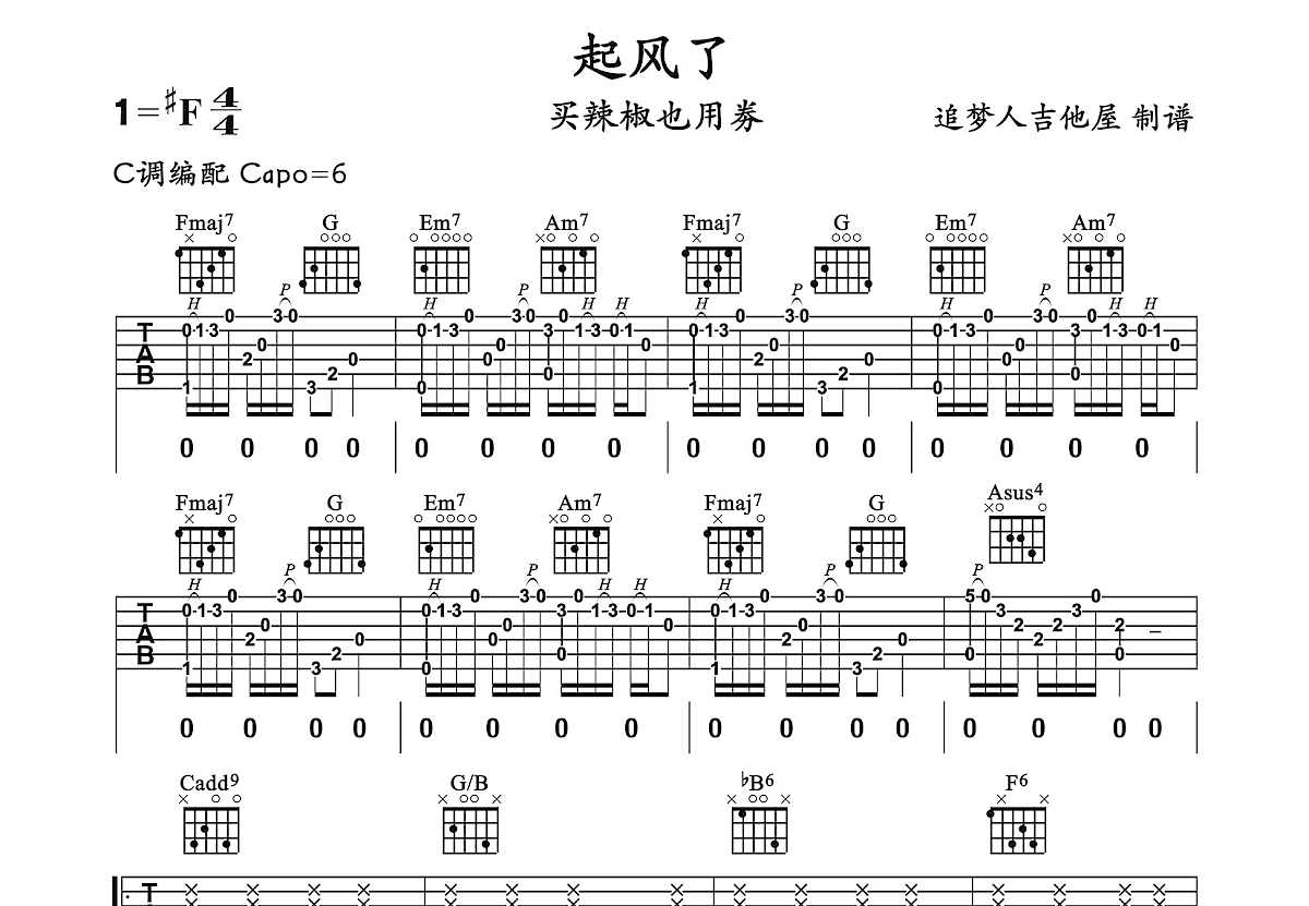 起风了吉他谱预览图