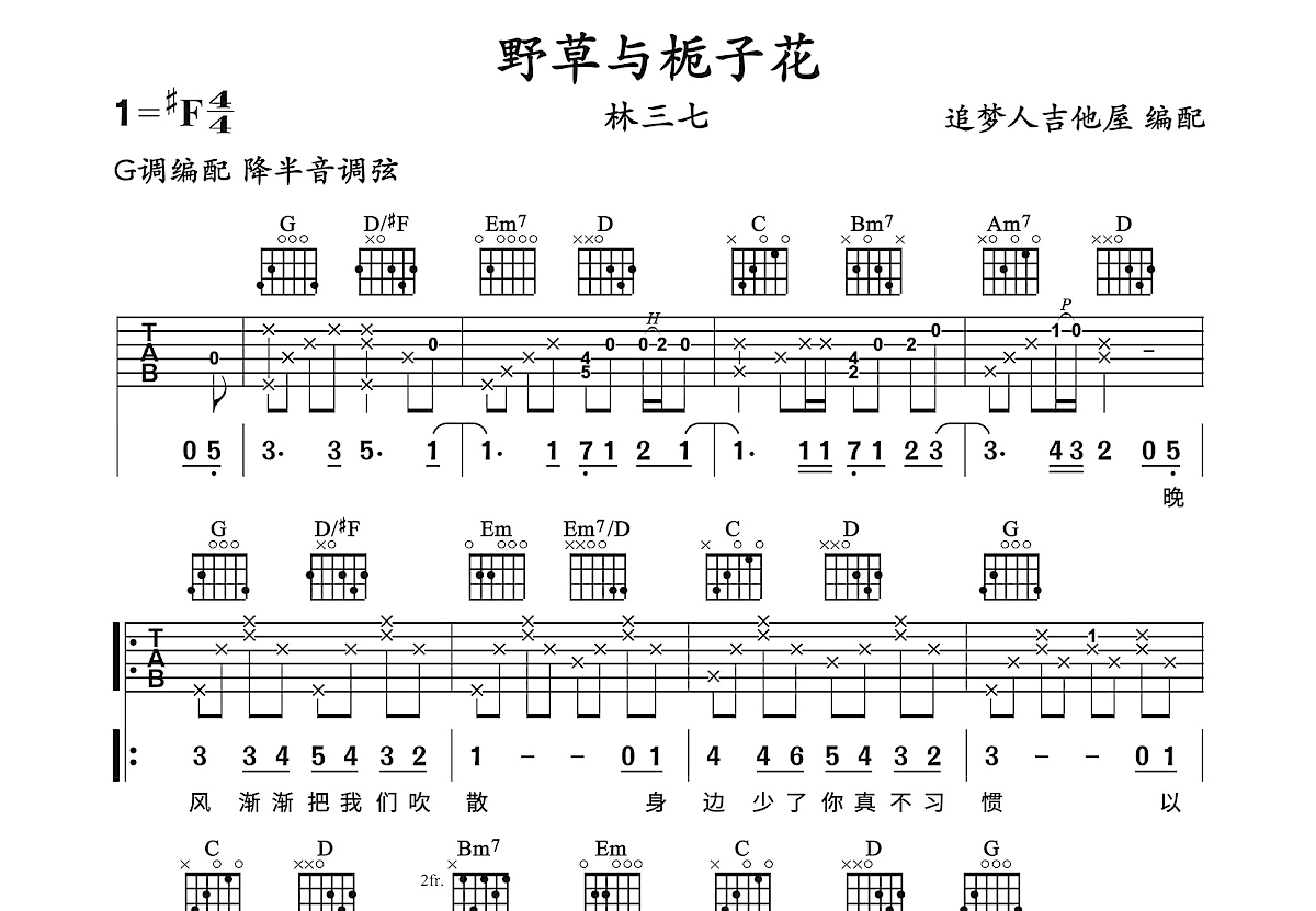 野草与栀子花吉他谱预览图