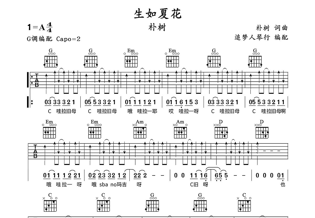 生如夏花吉他谱预览图