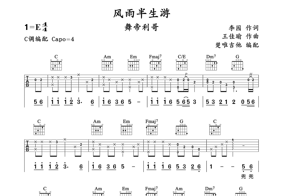 风雨半生游吉他谱_舞帝利哥_C调弹唱