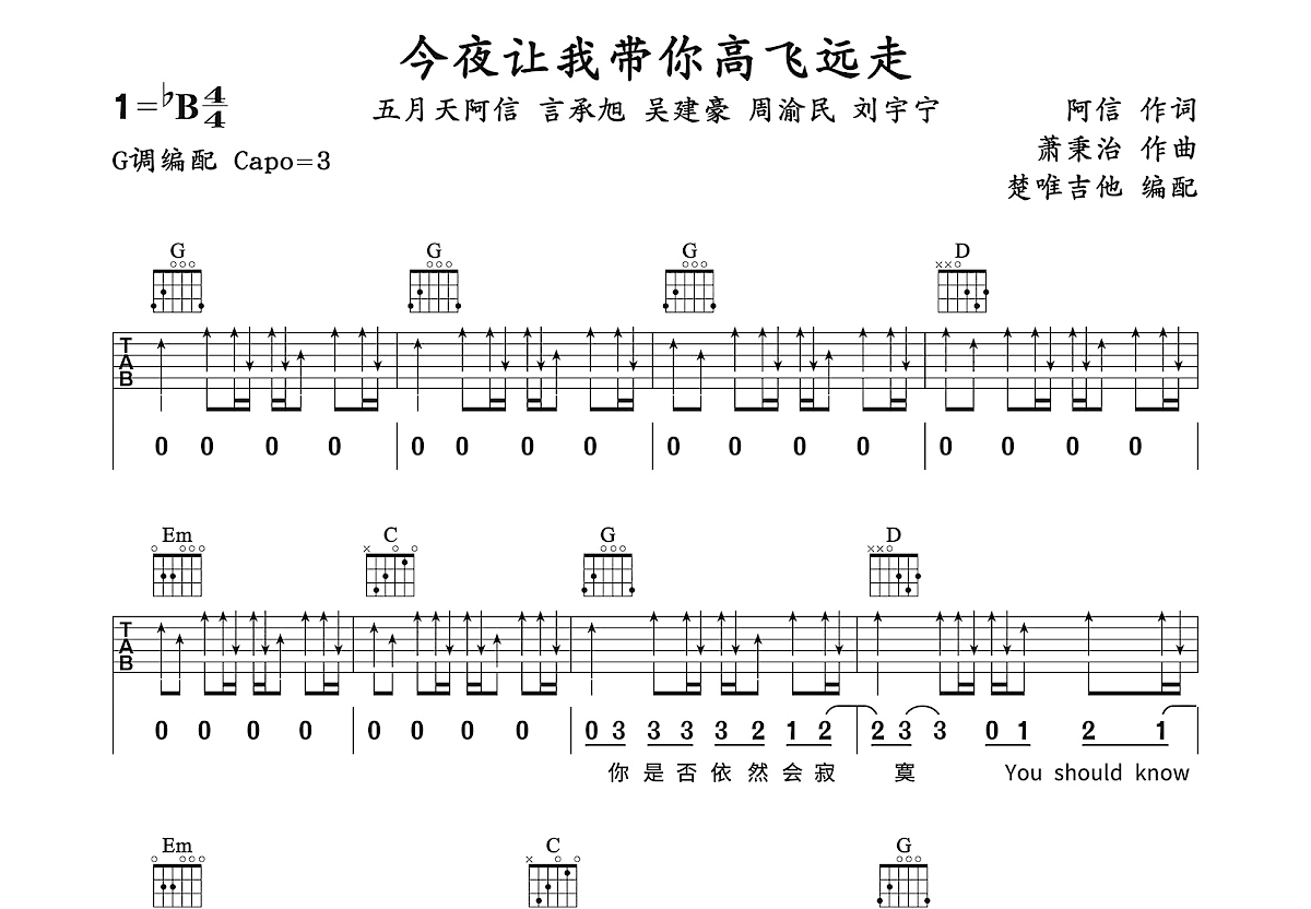 今夜让我带你高飞远走吉他谱预览图
