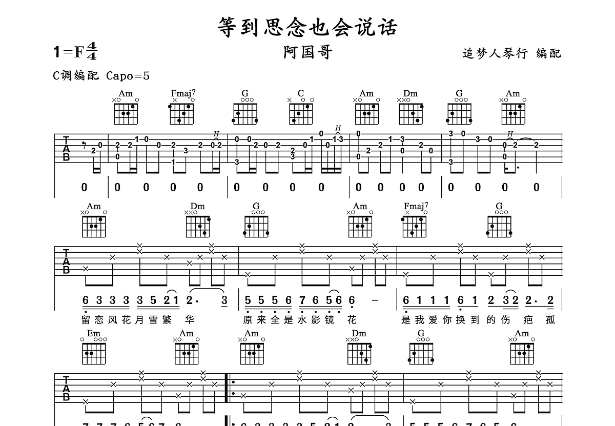 等到思念也会说话吉他谱_阿国哥_C调弹唱