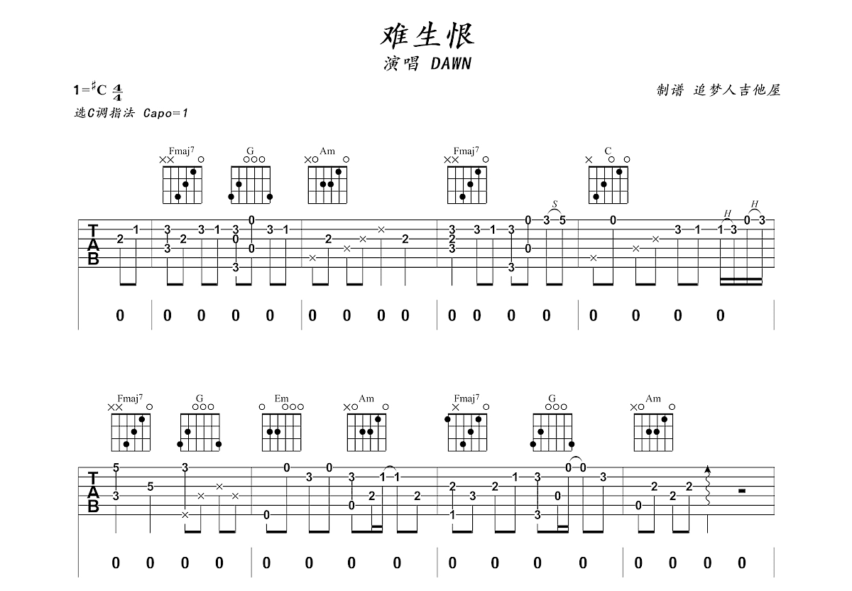 难生恨吉他谱预览图