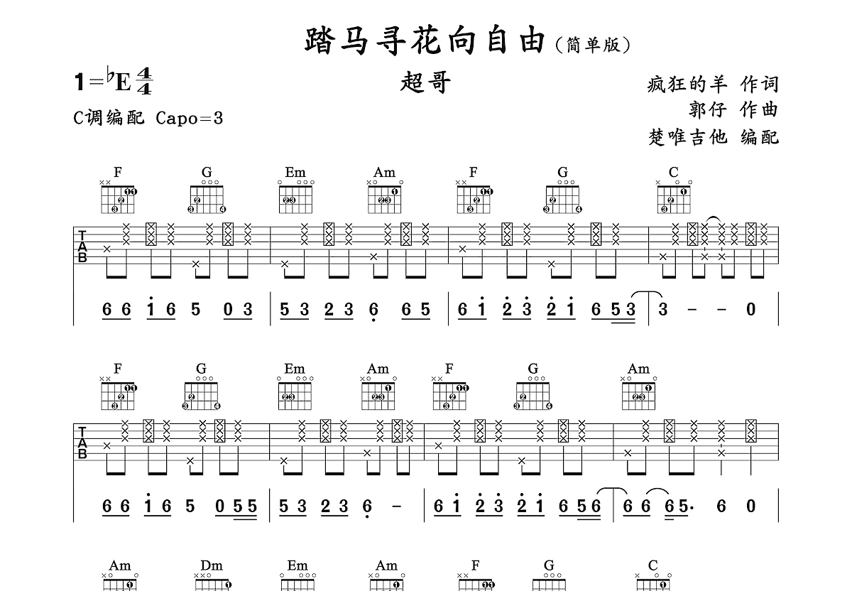 踏马寻花向自由吉他谱预览图