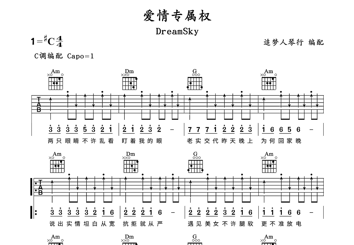 爱情专属权吉他谱_DreamSky_C调弹唱