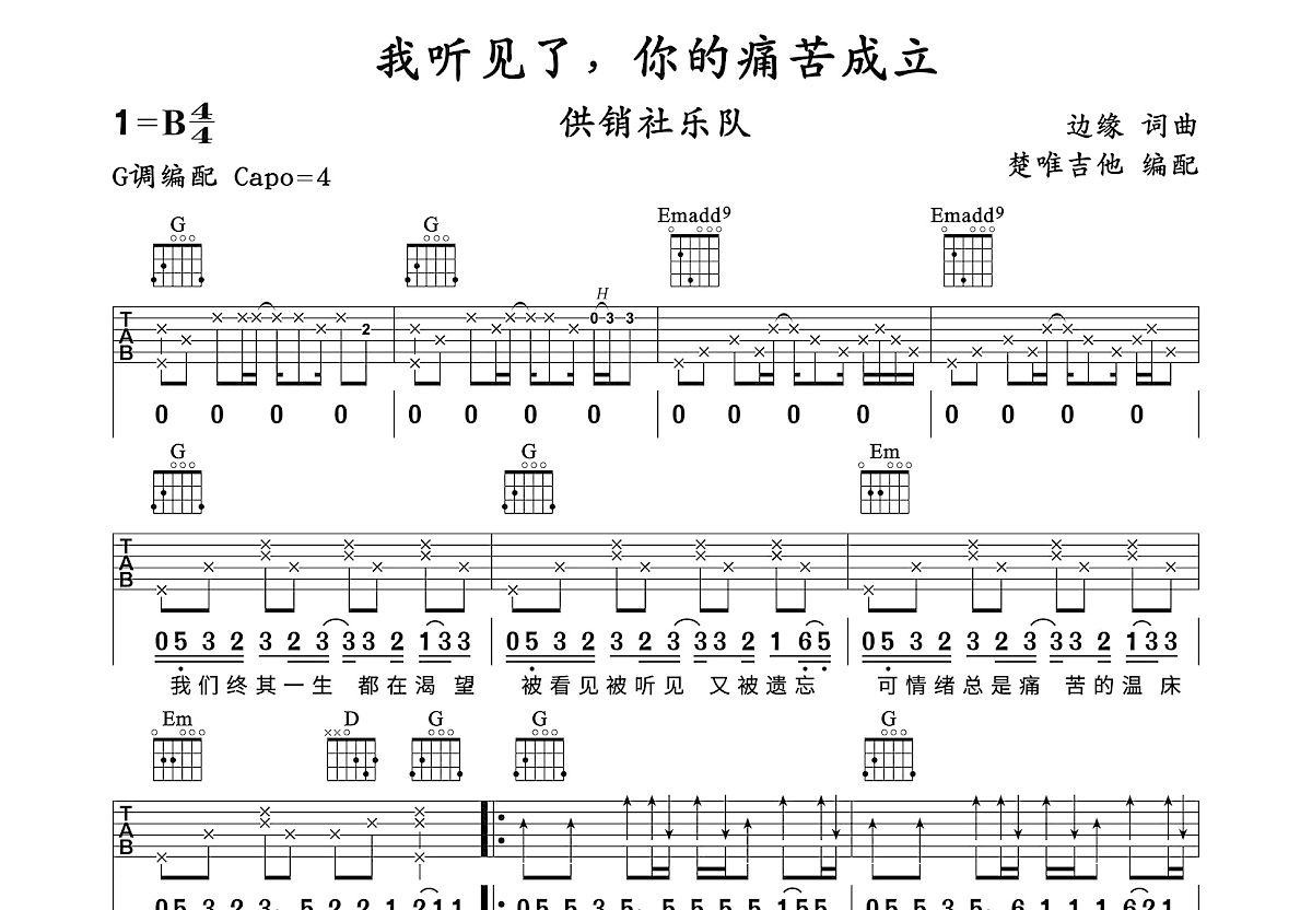 我听见了，你的痛苦成立吉他谱预览图