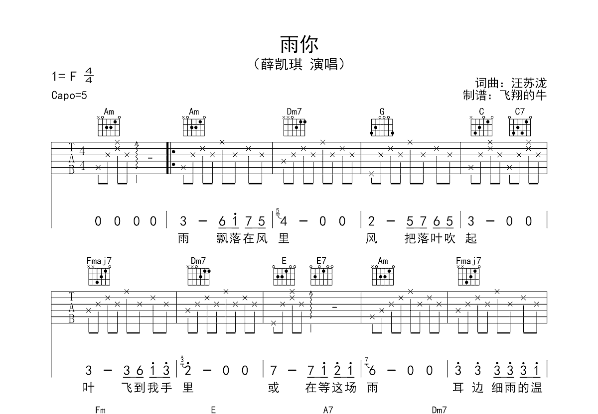 雨你吉他谱预览图