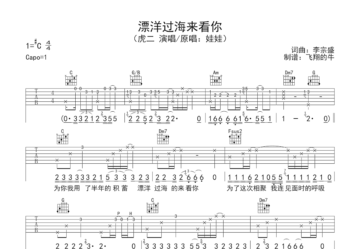 漂洋过海来看你吉他谱预览图