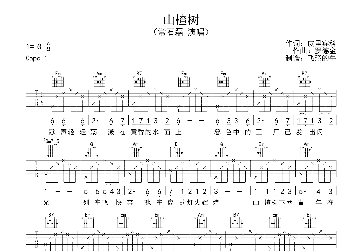 山楂树吉他谱预览图