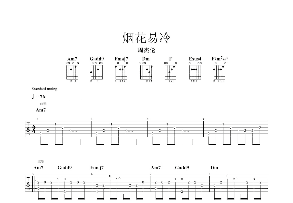 烟花易冷吉他谱预览图