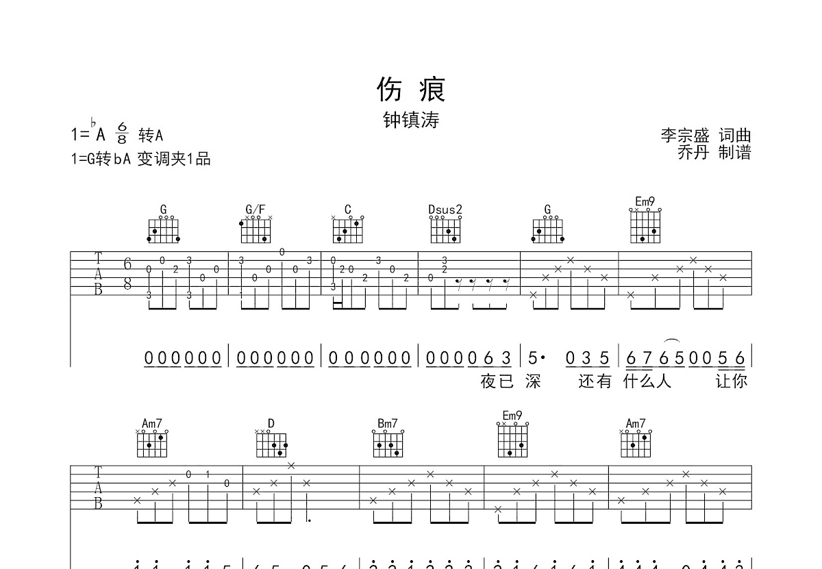 伤痕吉他谱预览图