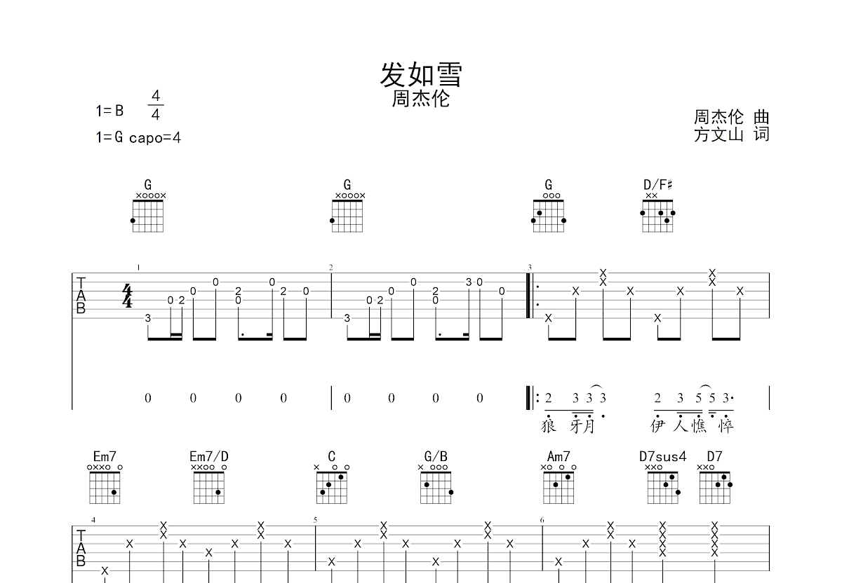 发如雪吉他谱预览图